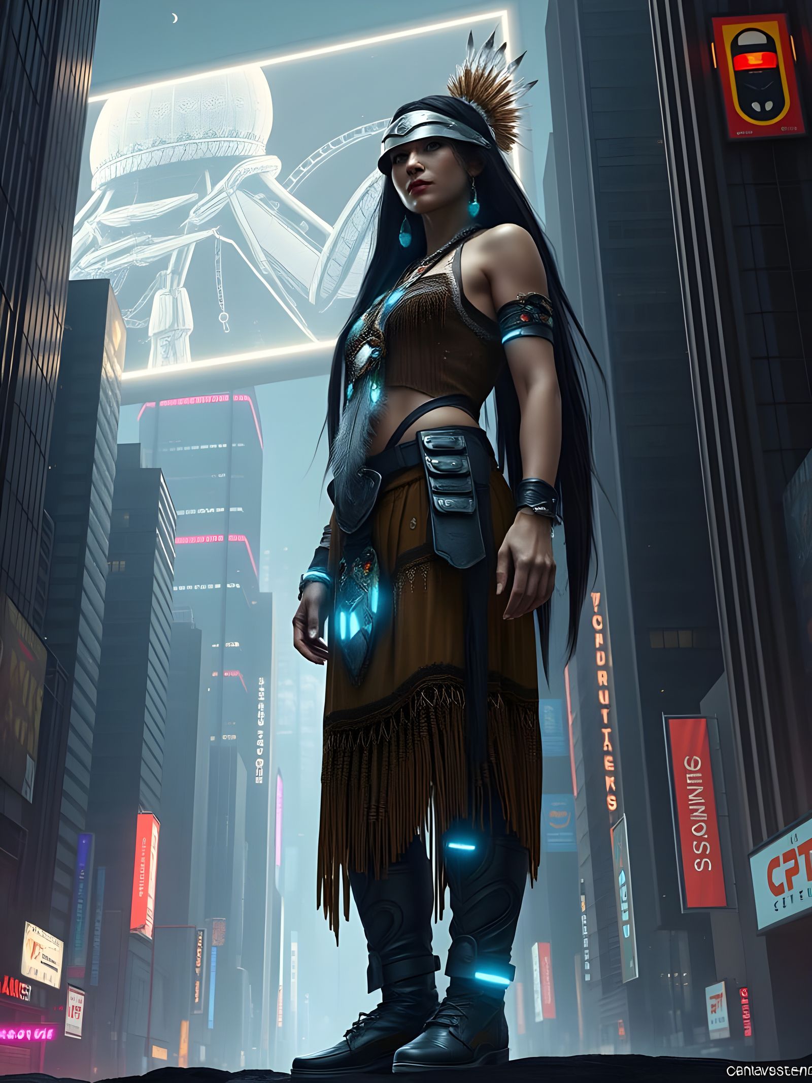 Cyberpunk Iroquois Warrior in Futuristic City