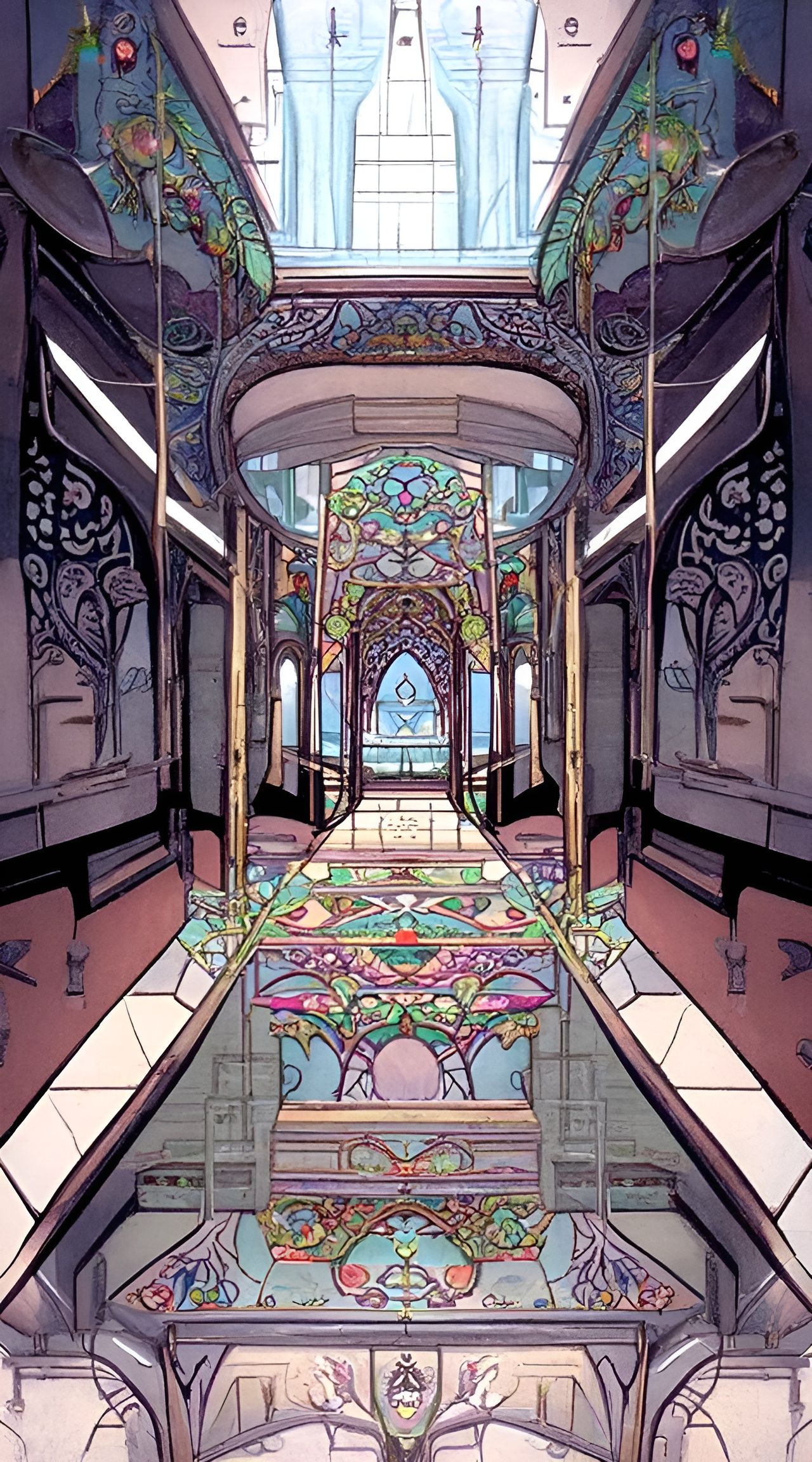 Stained Glass Temple Hallway Interior in Art Nouveau Style