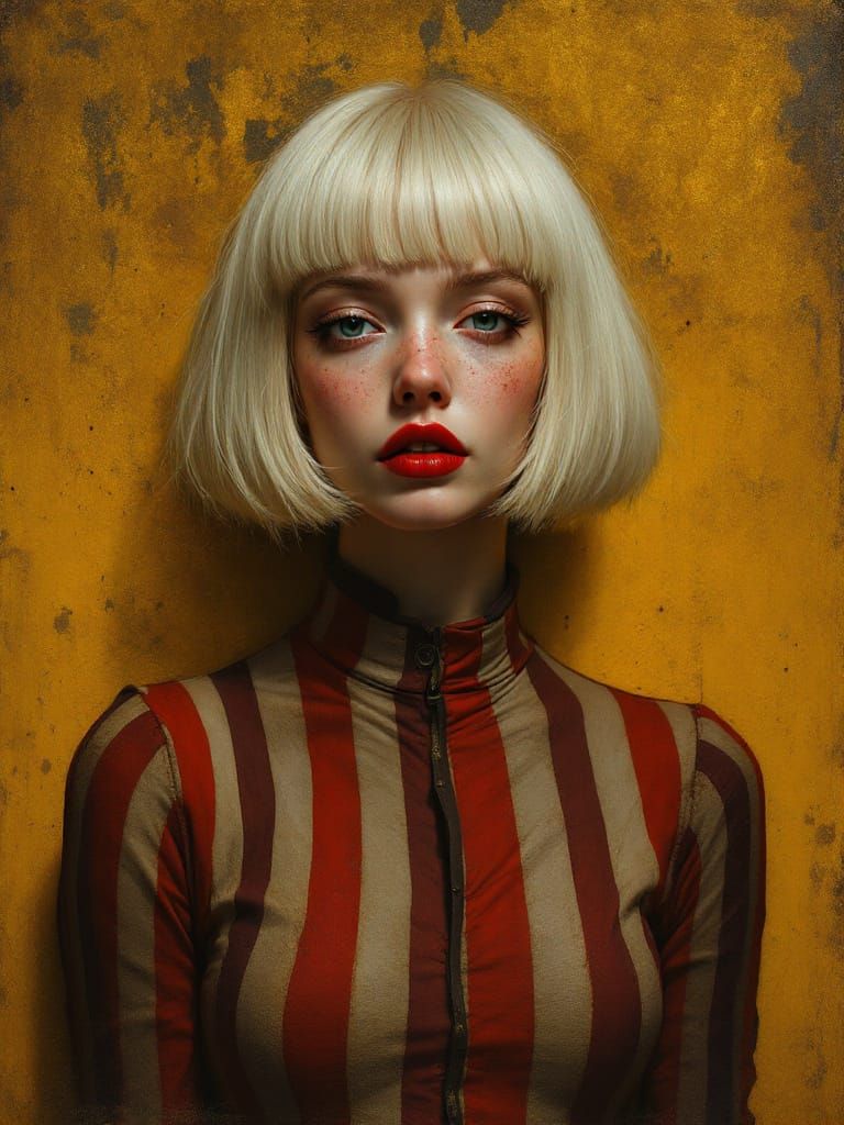 Woman with Platinum Bob in Honeyed Shadows