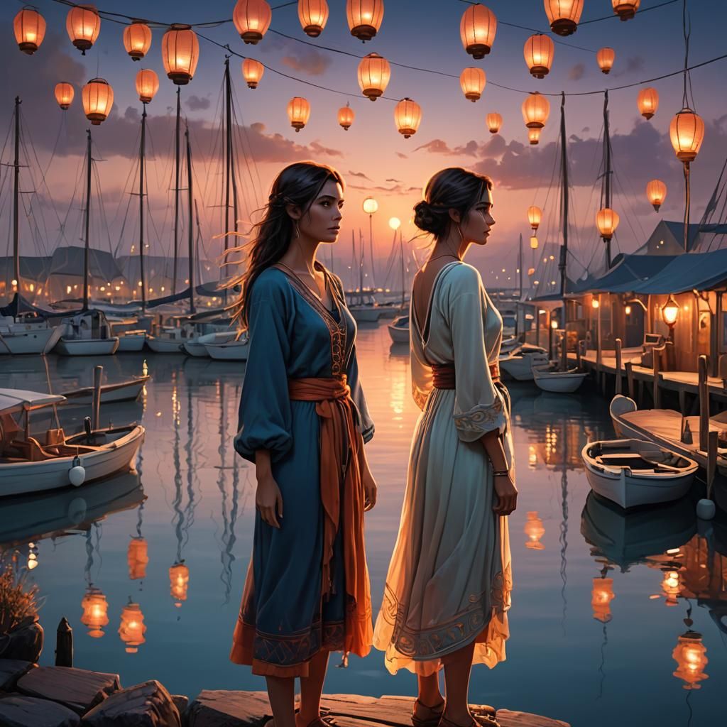 Mystical Woman at Marina: Fantasy Concept Art