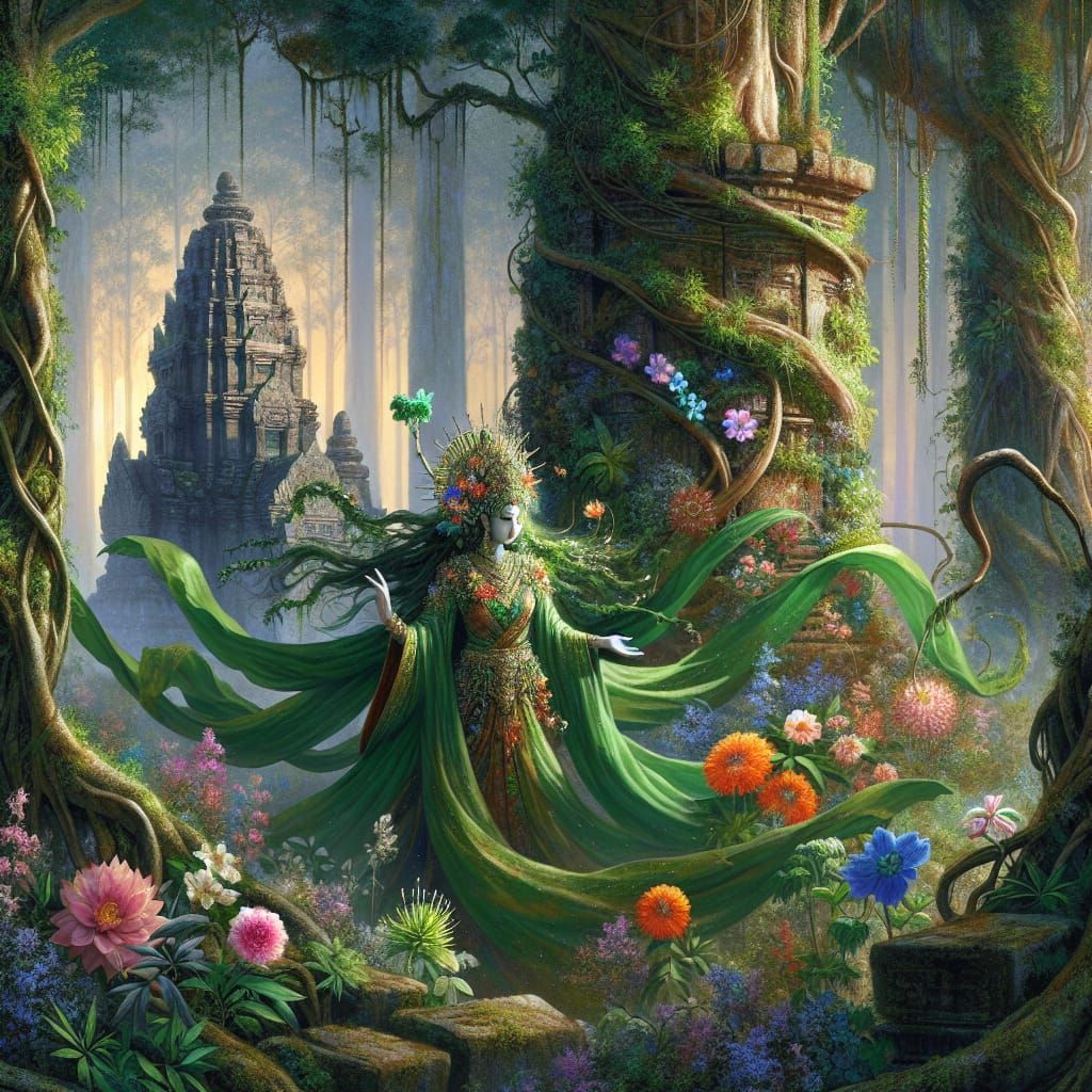 Mystical Forest Deity Weaving Vines Around Temples