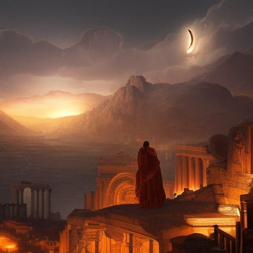 Ancient Greek Priest Star Gazing in Mythical City