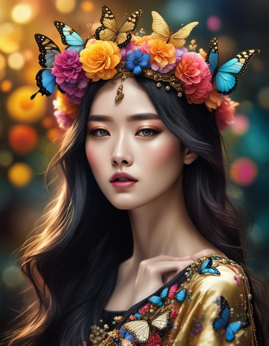 Ethereal Korean Woman with Floral Crown: Hyperrealistic Phot...