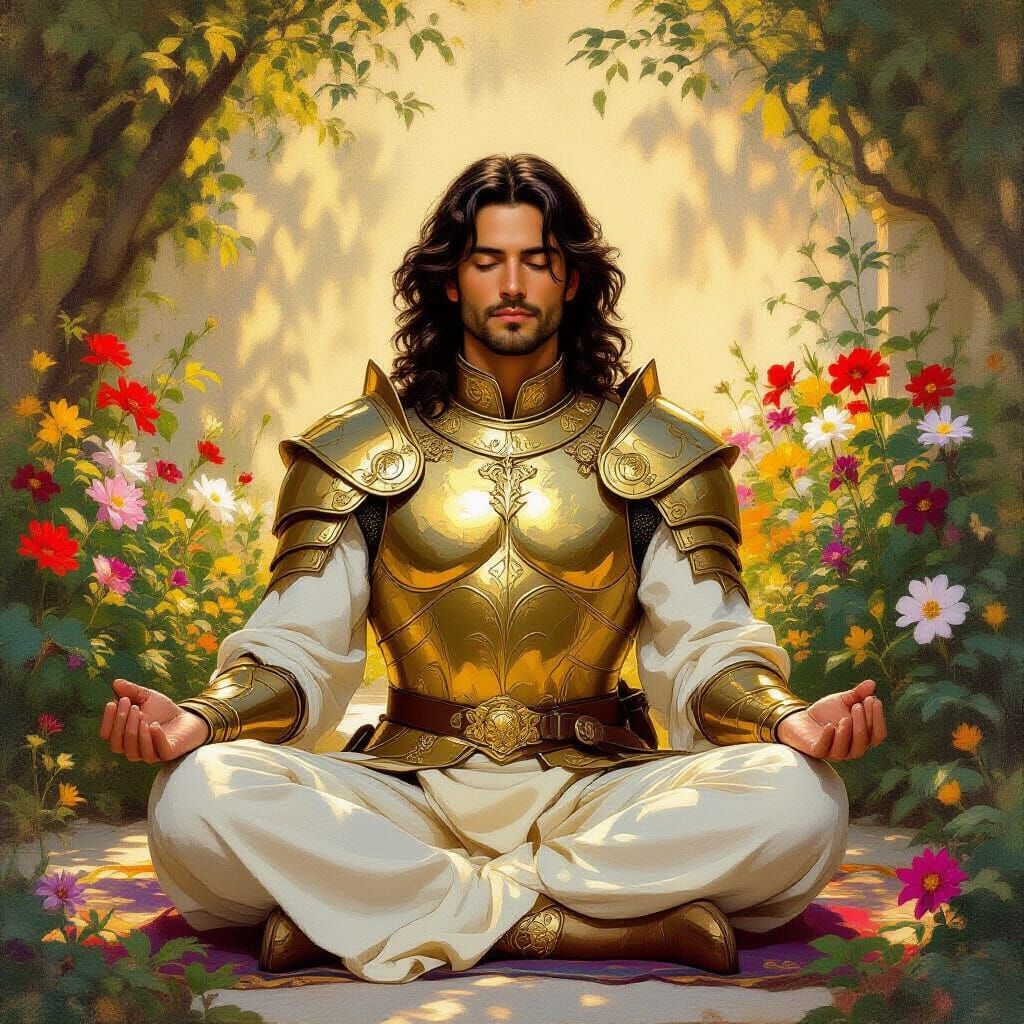 Golden Armored Man Meditates in Impressionistic Garden