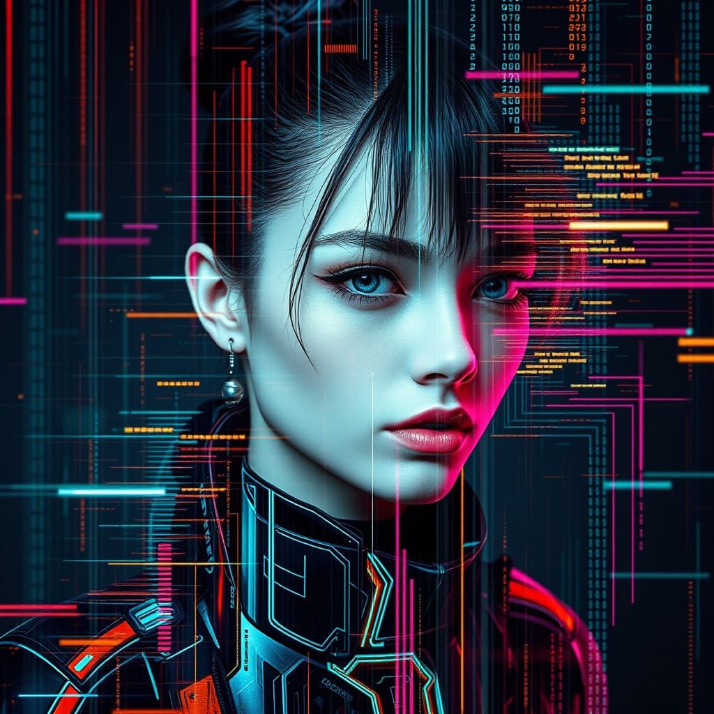 Cyber Tech Beauty: Double Exposure Glitch Art Portrait