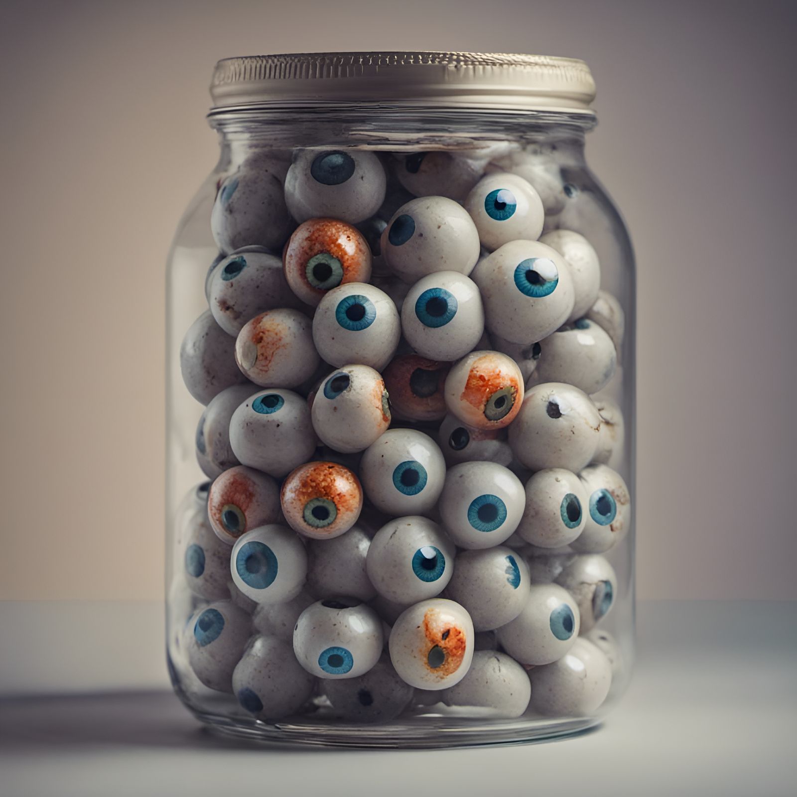 Surreal Eyeball Jar on Orange Background