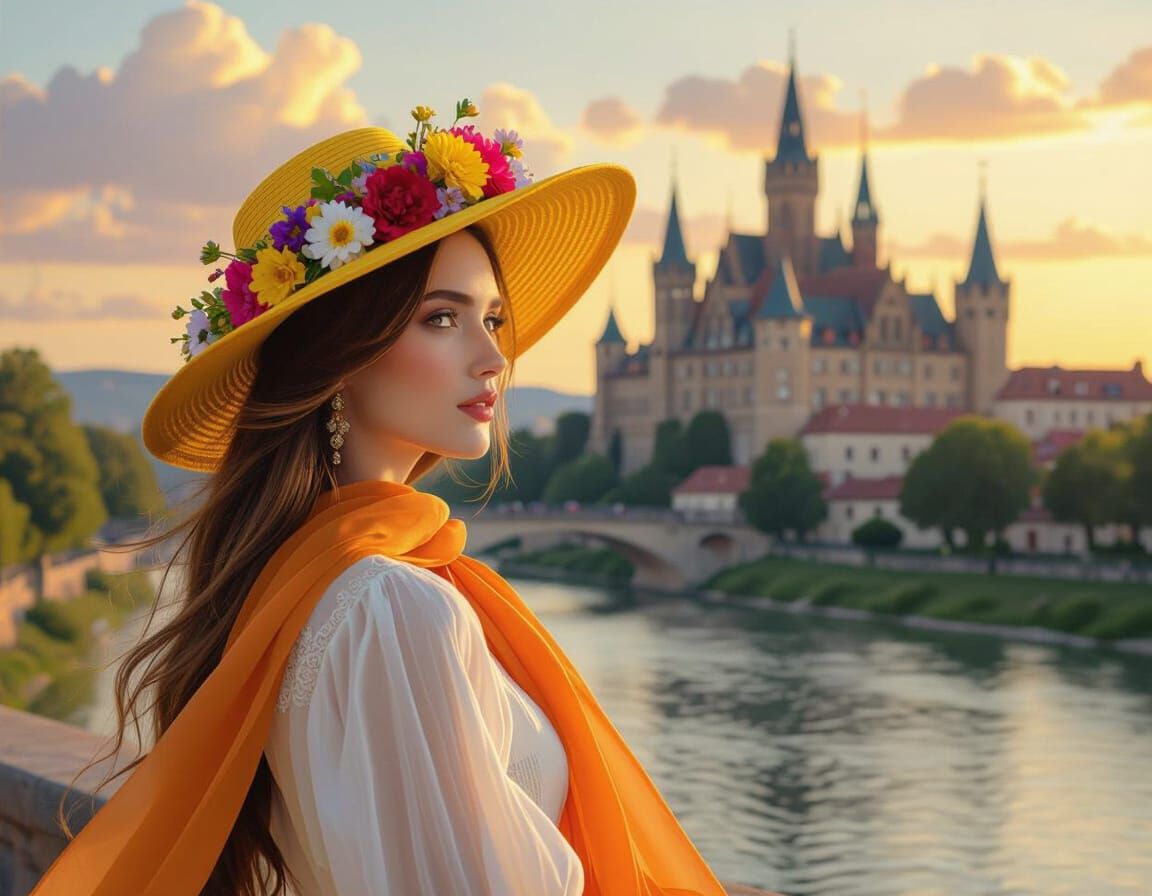 Woman in Flowing Attire and Floral Hat at Castle Sunset