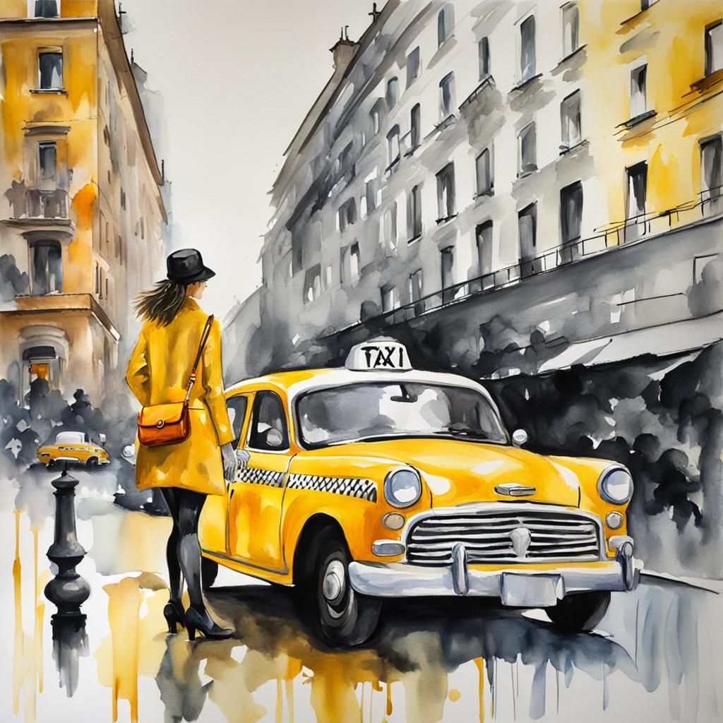 Modern Taxi Car in Gouache Watercolor Style