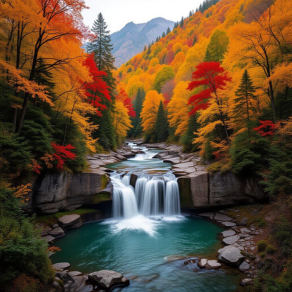 Autumnal Mountain Forest with Waterfall