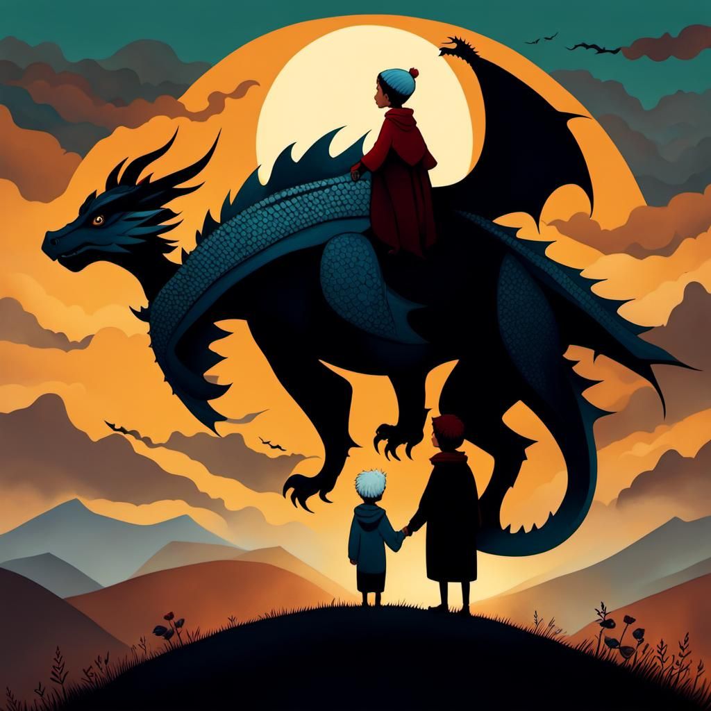 Boy, Grandmother, and Dragon: Atmospheric Digital Painting