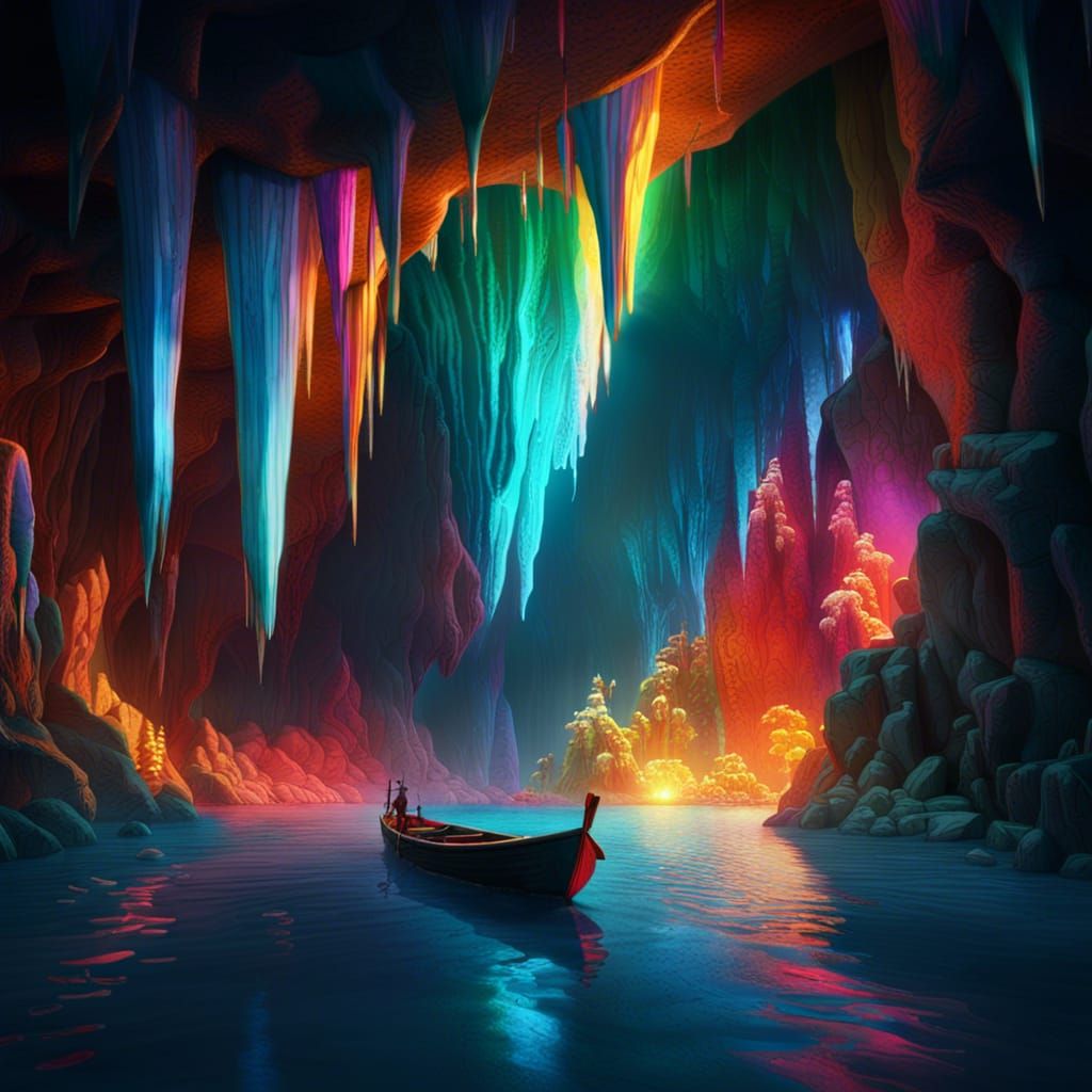 Colorful Cave Painting with Boat and Icicles