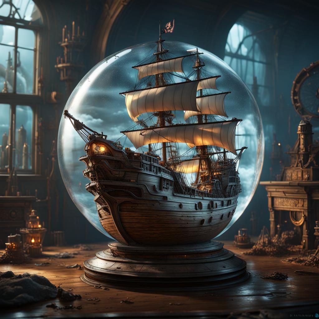 Pirate Ship Shipwreck in Glass Sphere: Detailed Matte Painti...