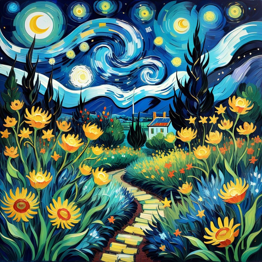 Starry Moonlit Garden in Van Gogh Style