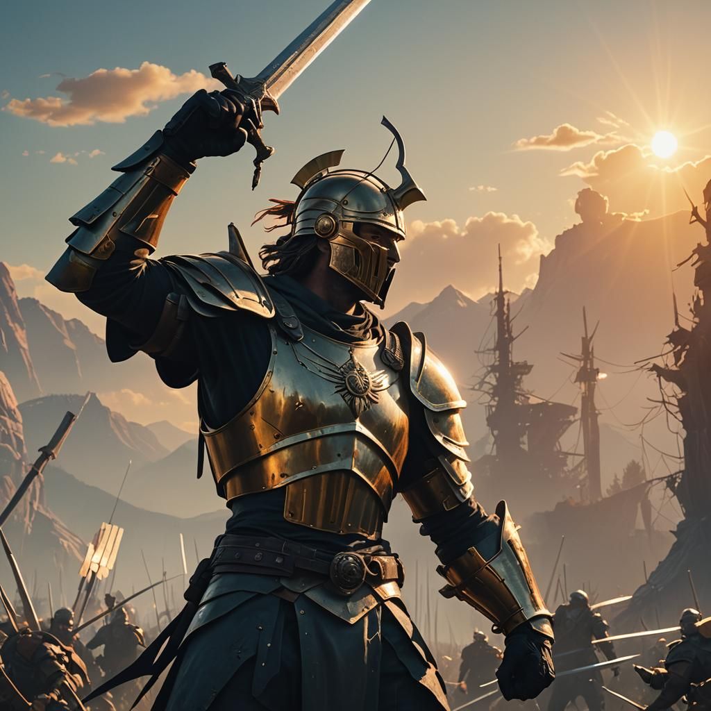 Victorious Warrior in Golden Sunlight, Cinematic Digital Art