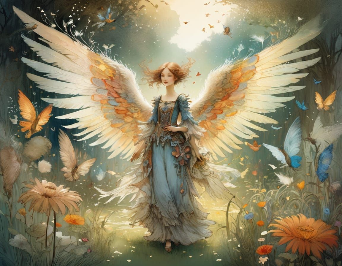Winged Figure in Garden: Fantasy Illustration