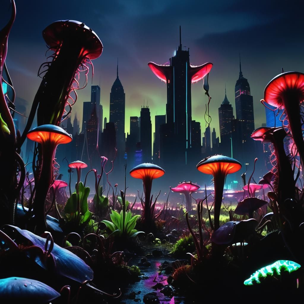 Dystopian New York Overgrown with Bioluminescent Alien Flora
