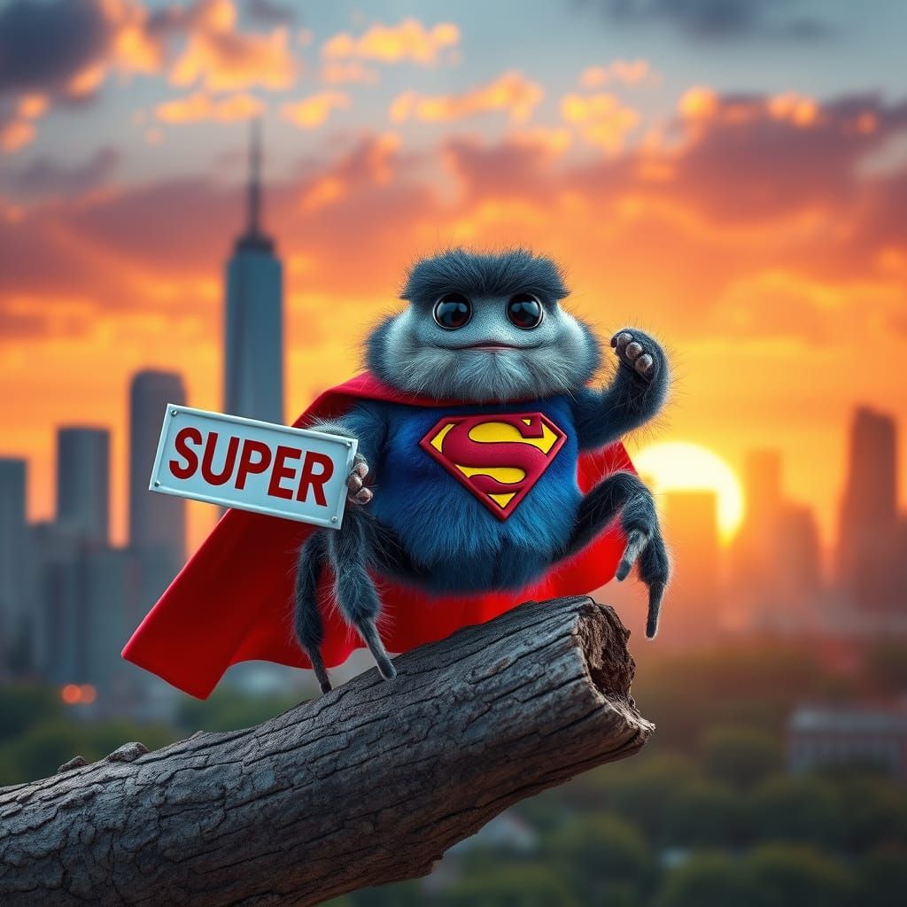 Fluffy Spider Superhero in Dramatic Sunset Cityscape