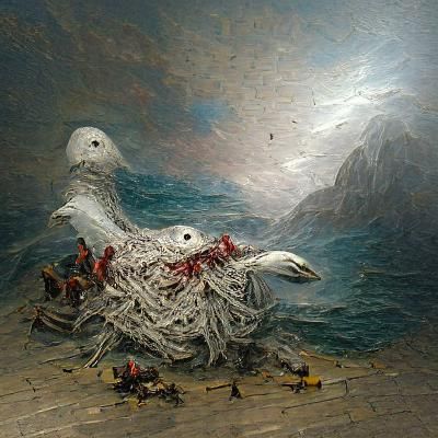 Seagull Made of Seagulls: Dark Engraving Style