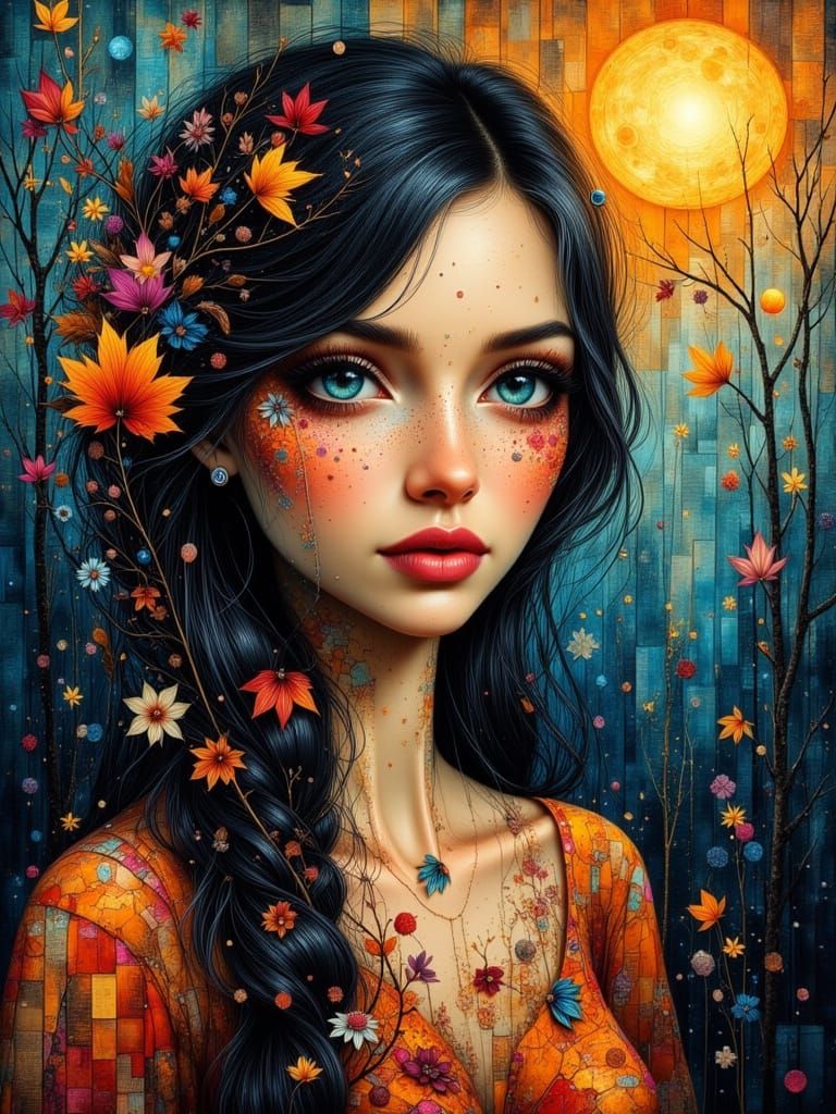 Portrait Of A Woman In Acrylic Ink Collage Style