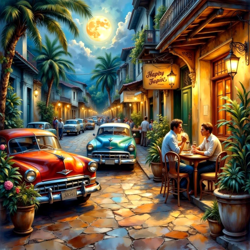 Vibrant Cuban Street Scene with Jazz and Cafe at Night
