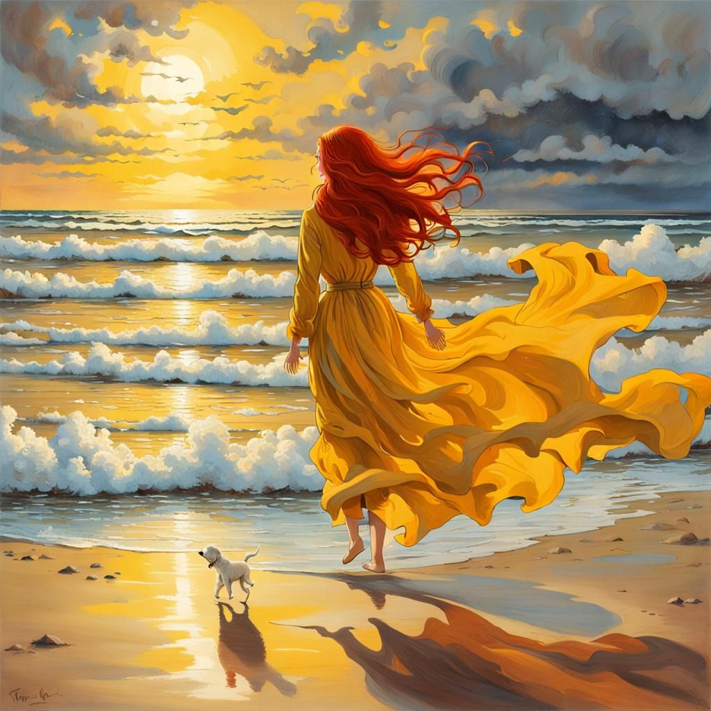 Woman in Yellow Dress Walking on Beach at Sunrise