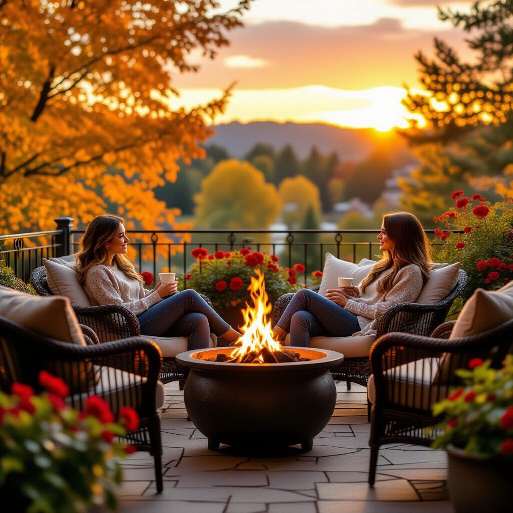 Cozy Autumn Patio Scene at Sunset with Woman