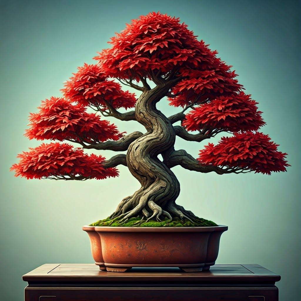 Red Oak Bonsai in Japanese Pot: Digital Painting