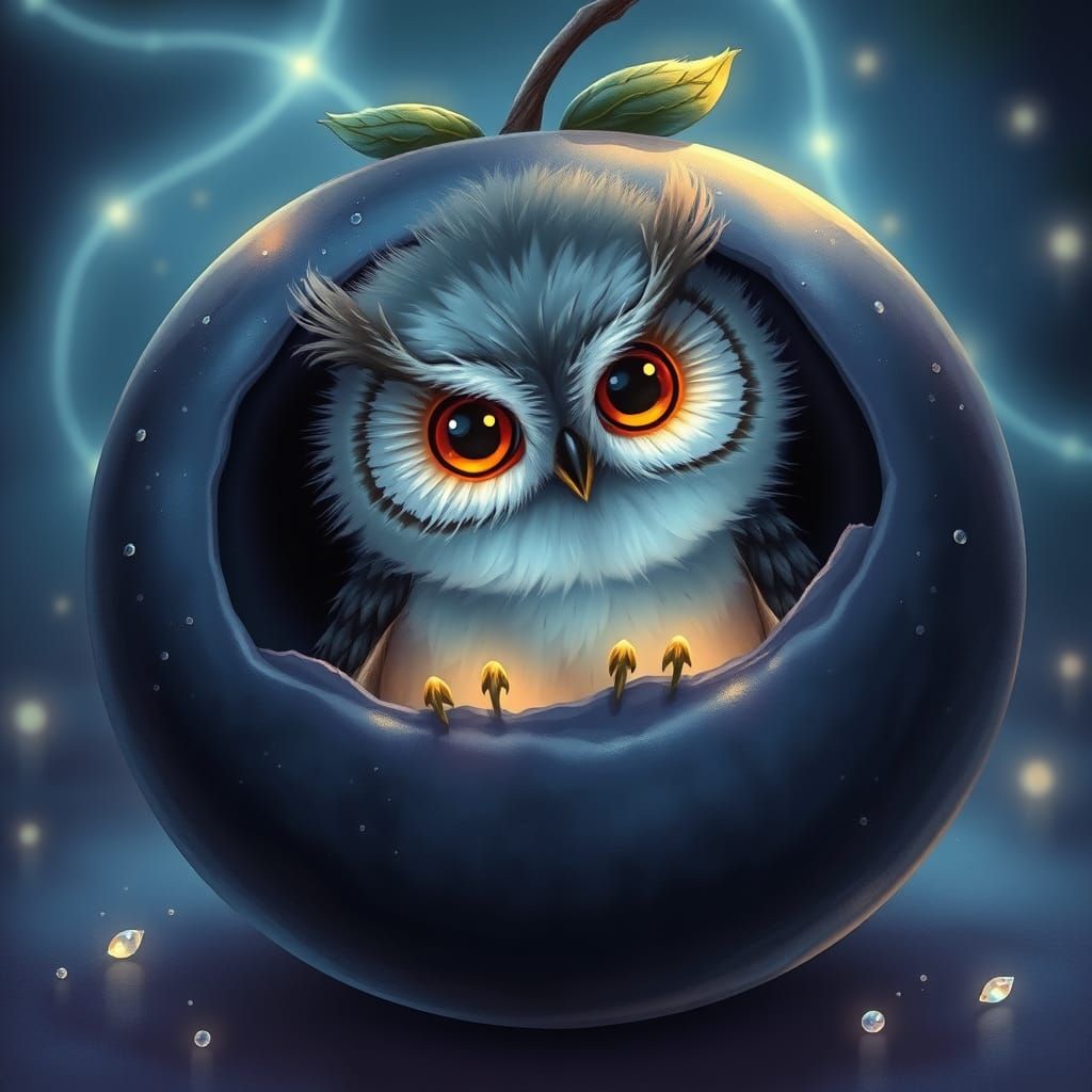 Wise Owl Inside Giant Blueberry with Bioluminescent Glow