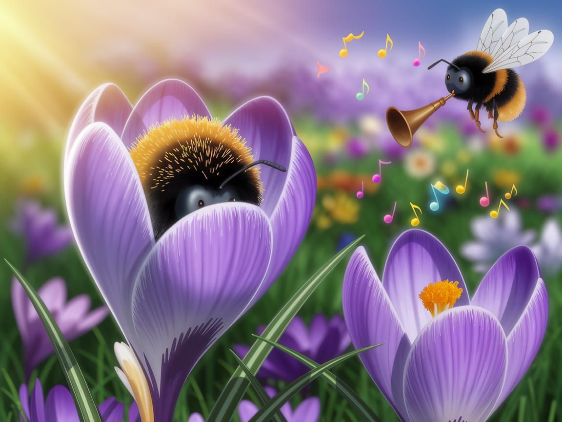 Sleepy Bumblebee in Crocus Flower: 3D Render