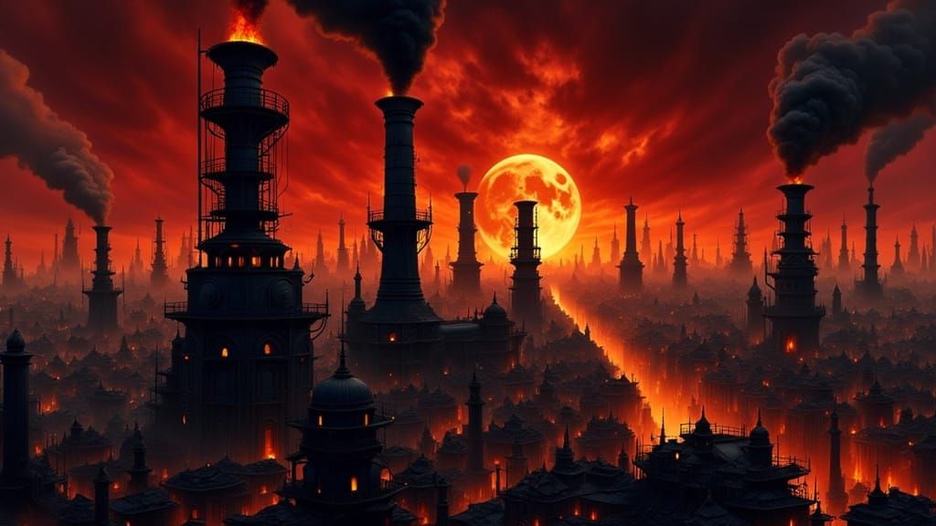 Gothic Cityscape at Twilight in Red and Orange Hues