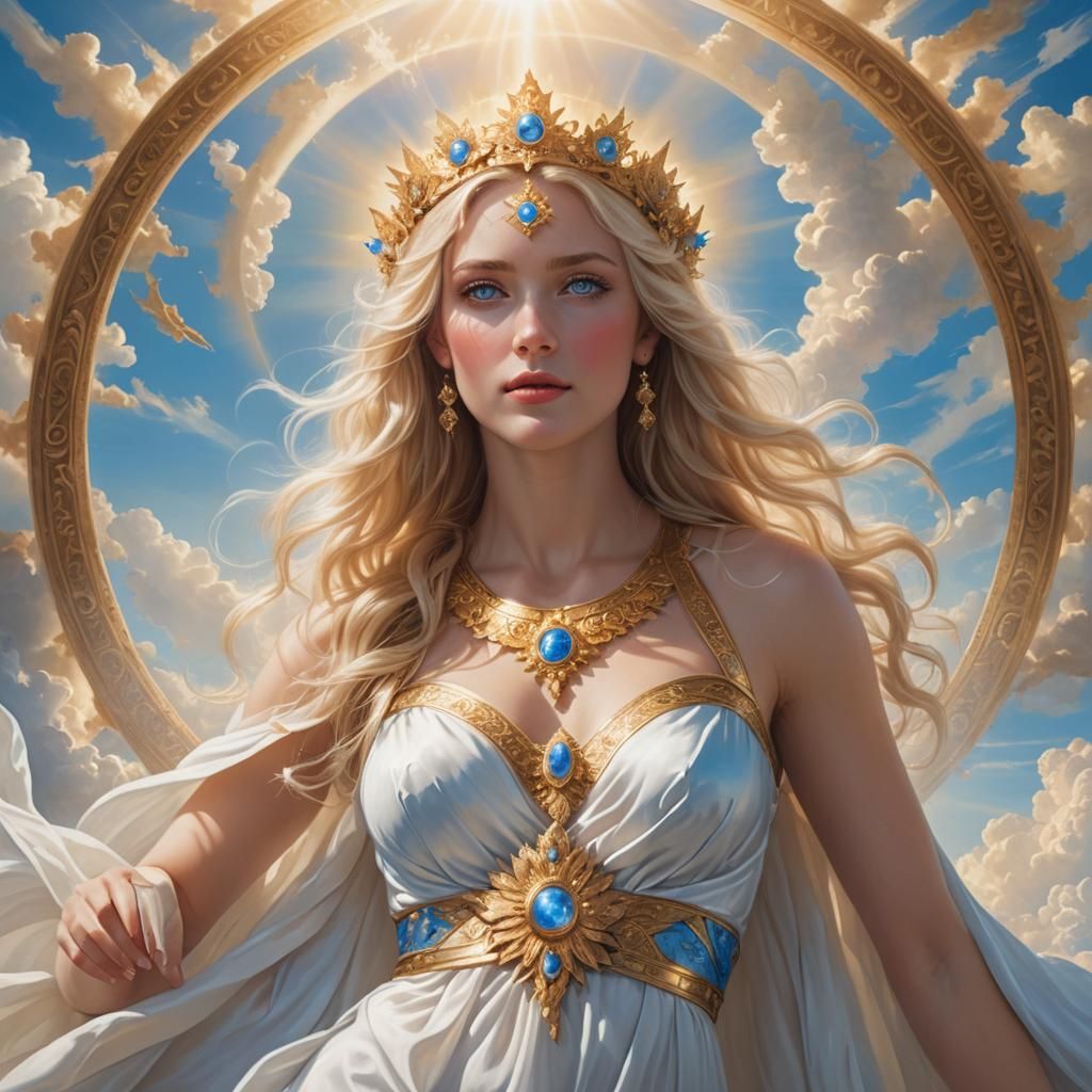 Hyperrealistic portrait of a beautiful blonde, blue eyed woman, pictured as the Almighty Goddess in all Her glory, weari...