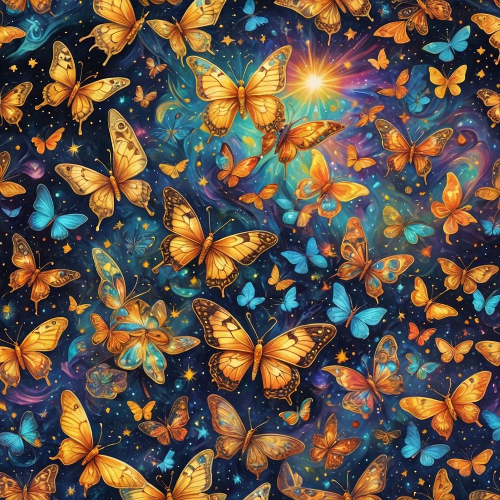 Holographic Astral Butterfly Illustration in Mixed Media