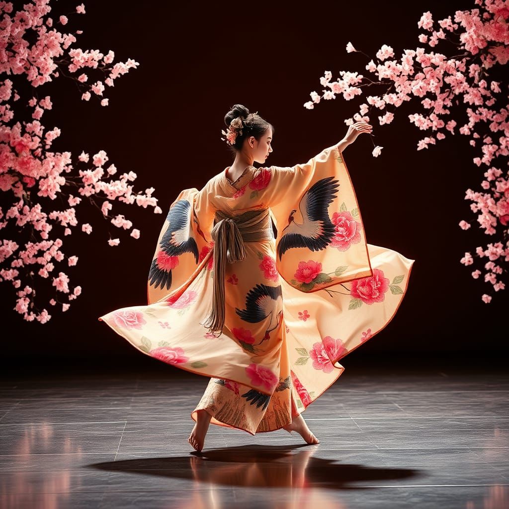 A graceful dancer clad in a striking kimono adorned with bold