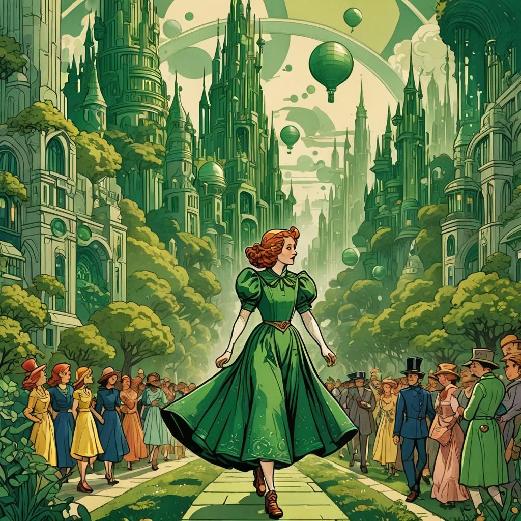 Ozma Walks Through Emerald City: Art Deco Illustration