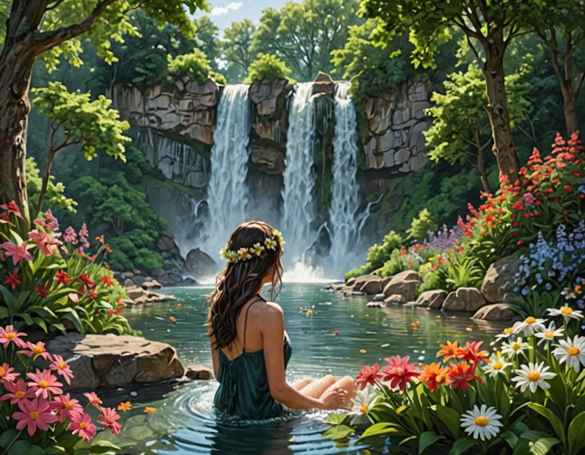 Girl Bathing in Waterfall Amidst Summer Bloom