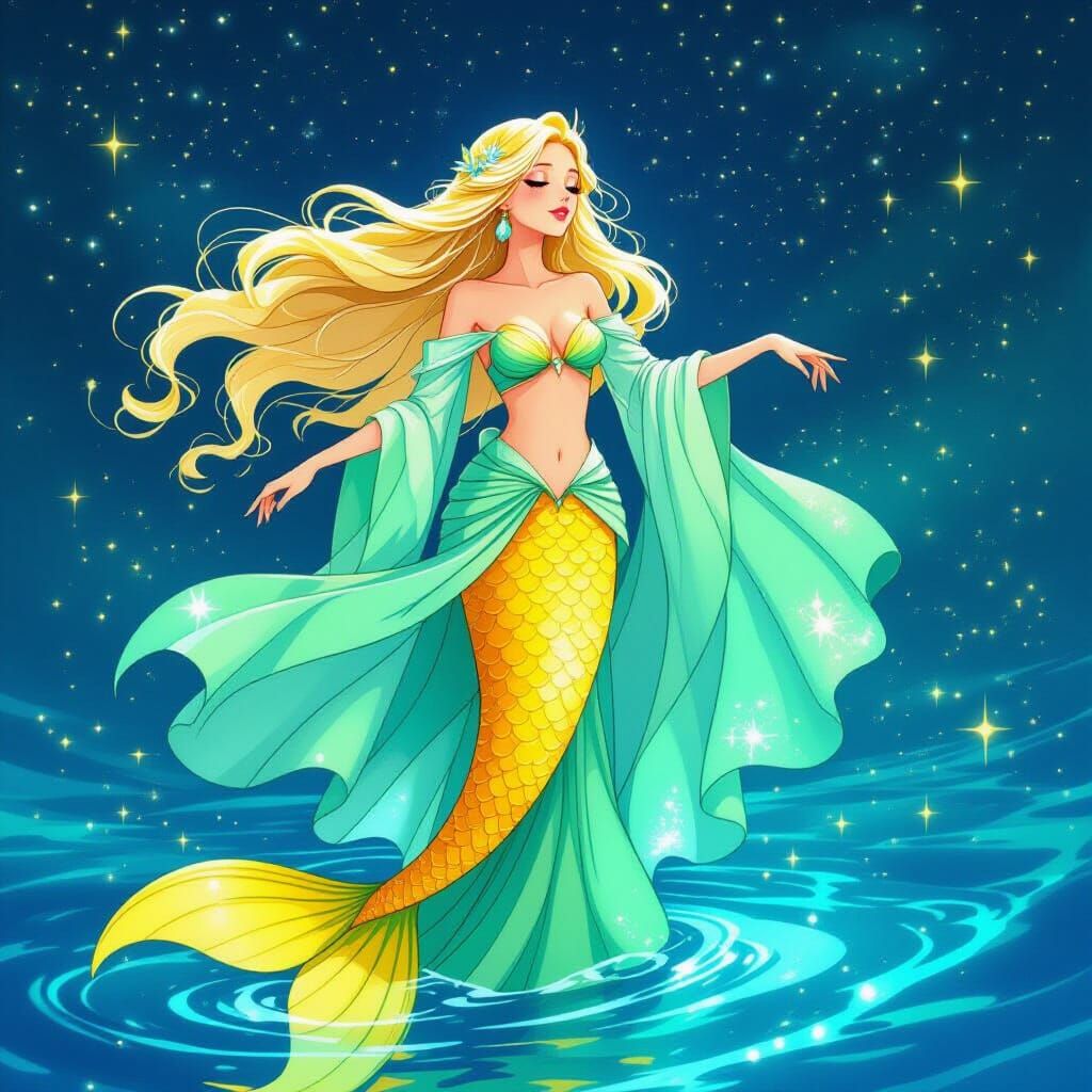 Mermaid Dancing in Starry Ocean with Yellow Tail