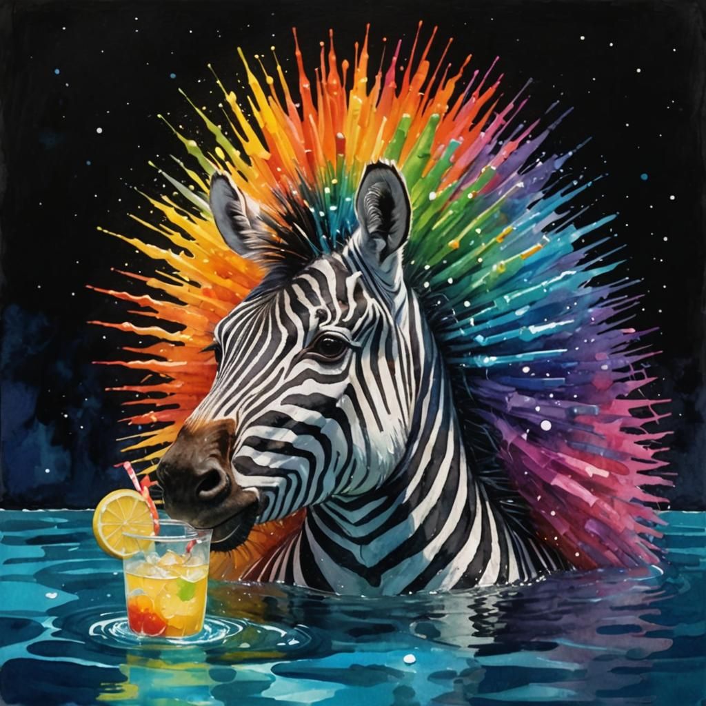 Zebra with Rainbow Spikes in Galaxy Pool