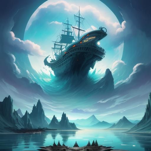 Cartoon Falcon Monster and Underwater Ship, Watercolor Style