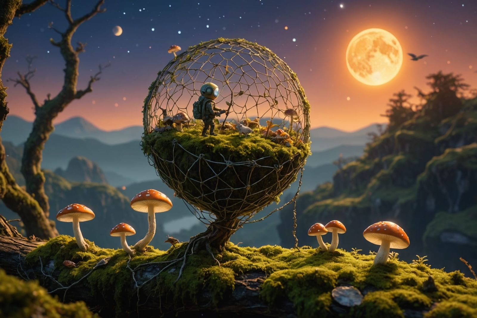 Miniature Hunter in Alien Landscape with Ghost