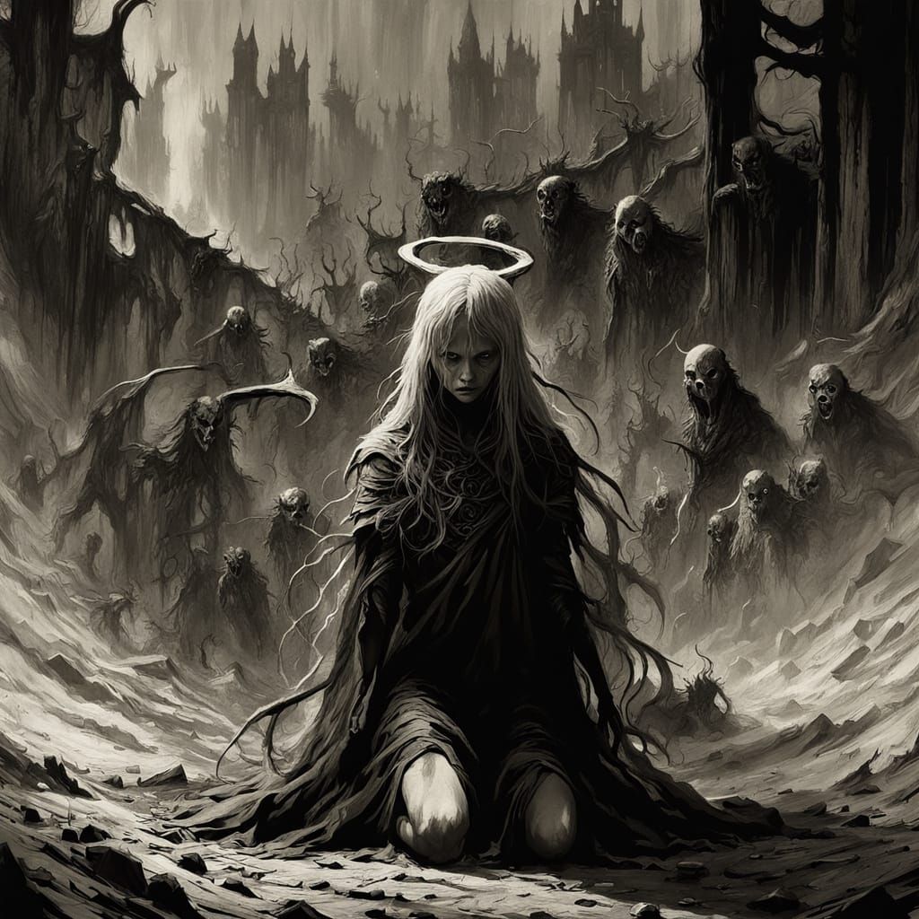 Ethereal Warrior's Lament in a Desolate Landscape