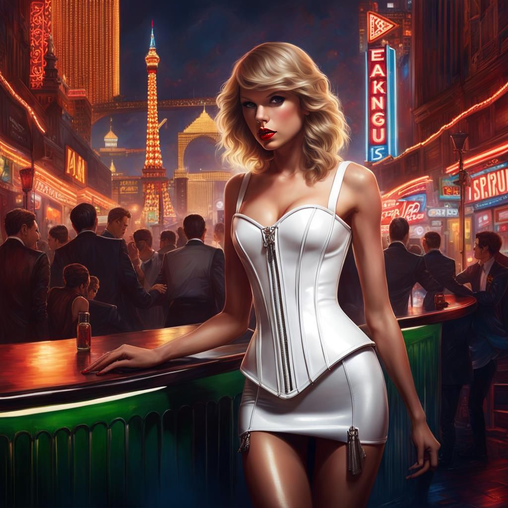 taylor swift, flirty, wearing a tight white Latex corset and extremely short latex skirt, body fit, extremely tight fitt...