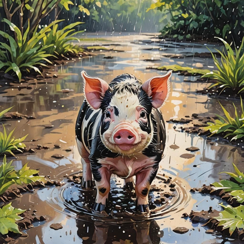 Smiling Piglet in Rain Puddle: Impressionist Gouache