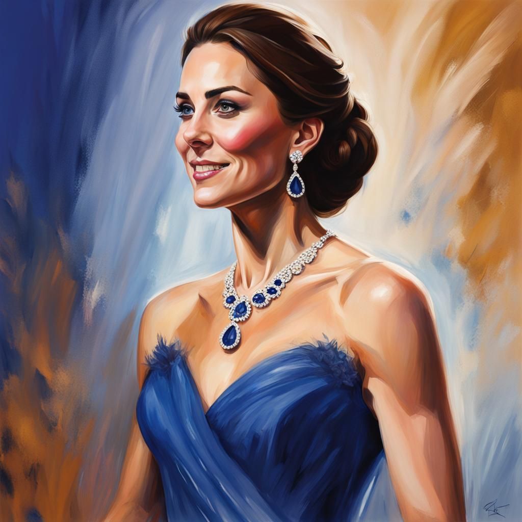 Hyperrealistic Portrait of Kate Middleton in Royal Blue Gown