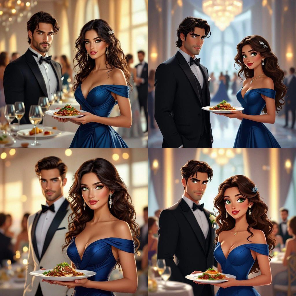 Luxurious Event Hall with Mysterious Man and Elegant Woman