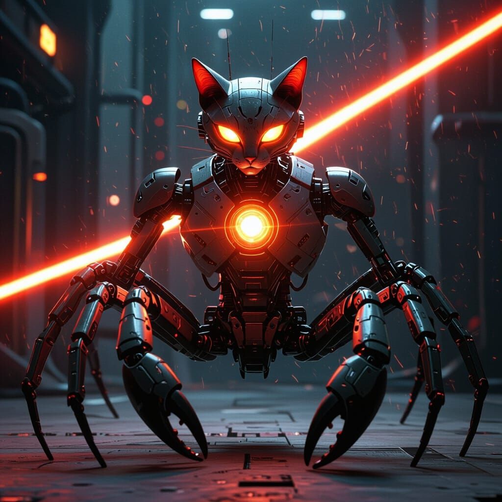 Futuristic Cybernetic Robot with Feline and Crab Features