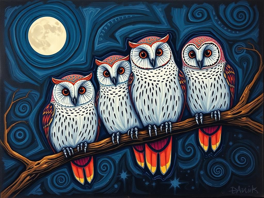 Barn Owls in Cubist-Expressionist Style Under Moonlight