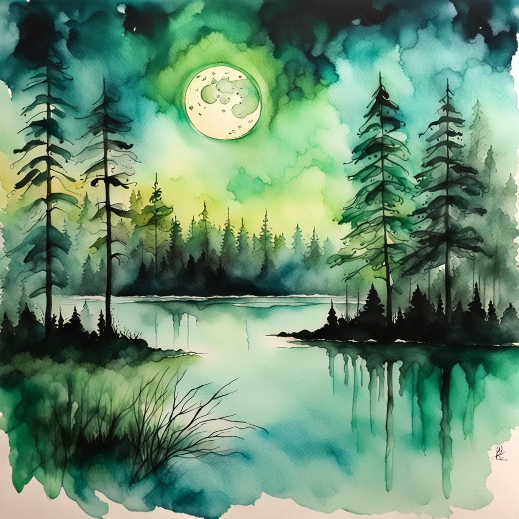Misty Night Landscape in Watercolor Pencil Sketch
