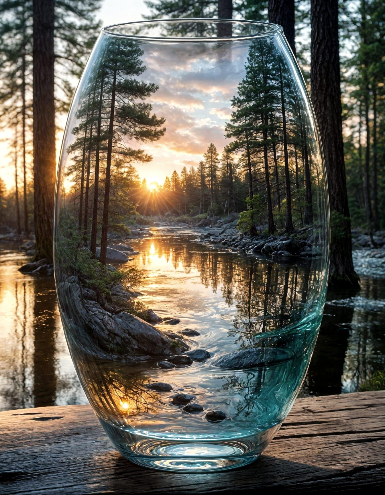 River Scene in Glass Vase Watercolor
