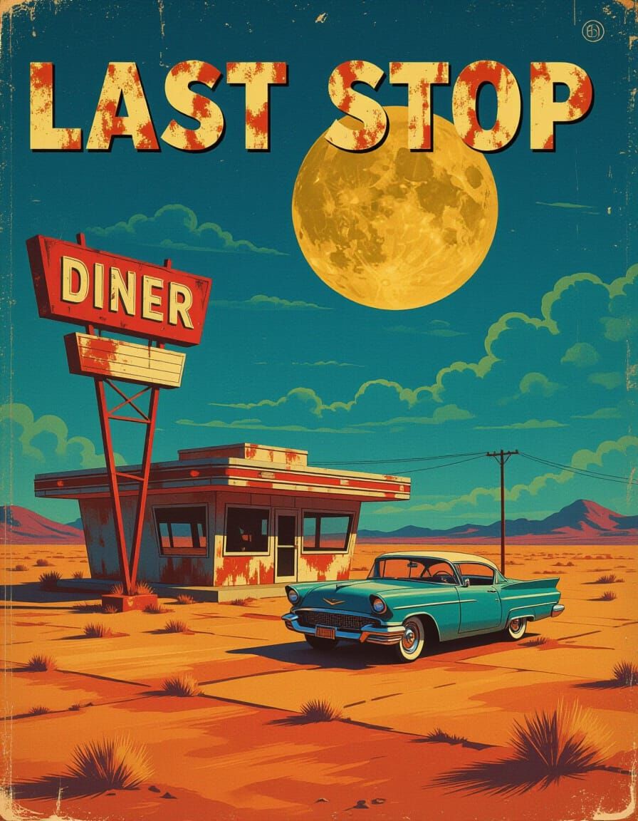 Abandoned Retro Diner Under Harvest Moon