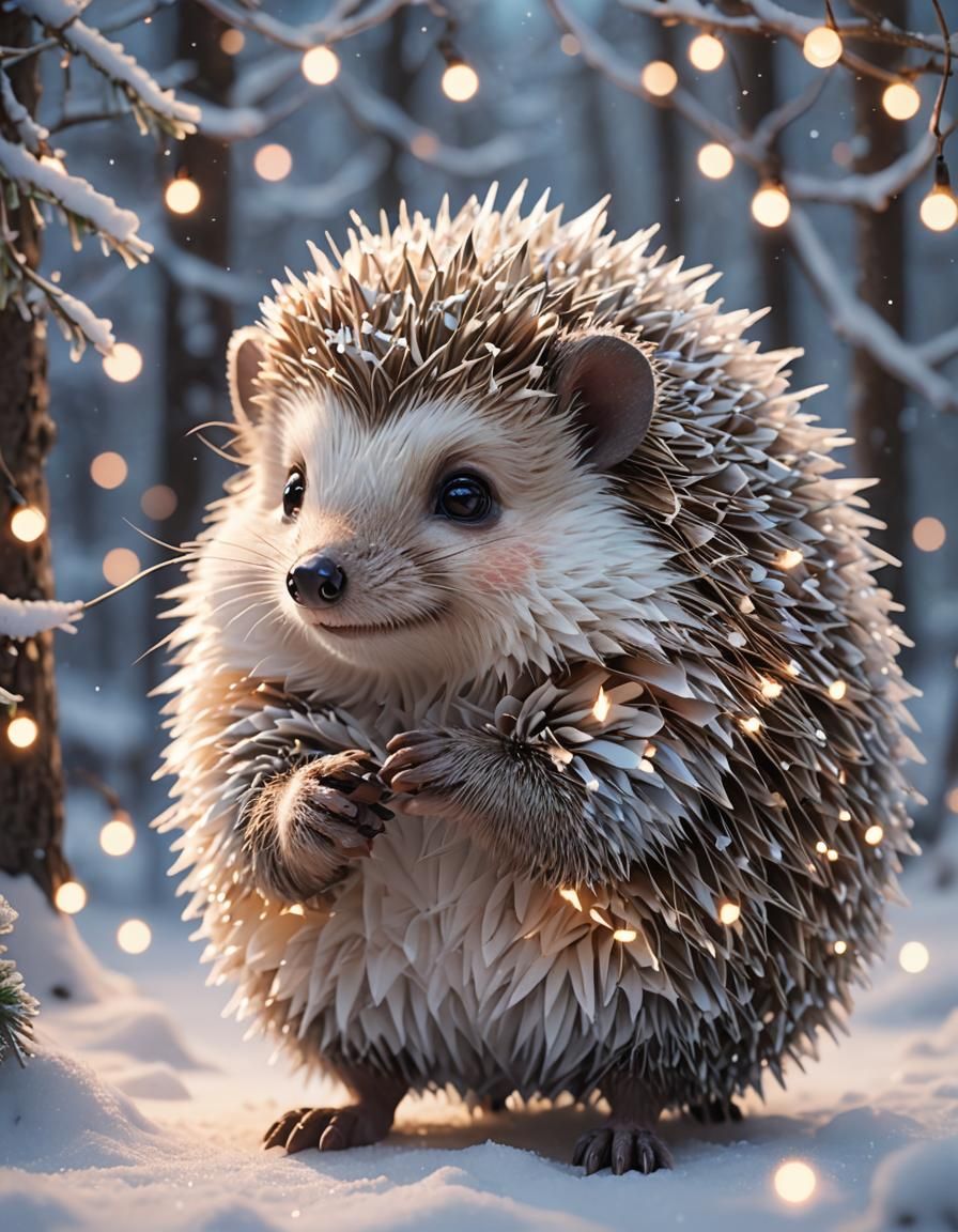 Hedgehog Wrapped in Christmas Lights: 3D Anime Scene